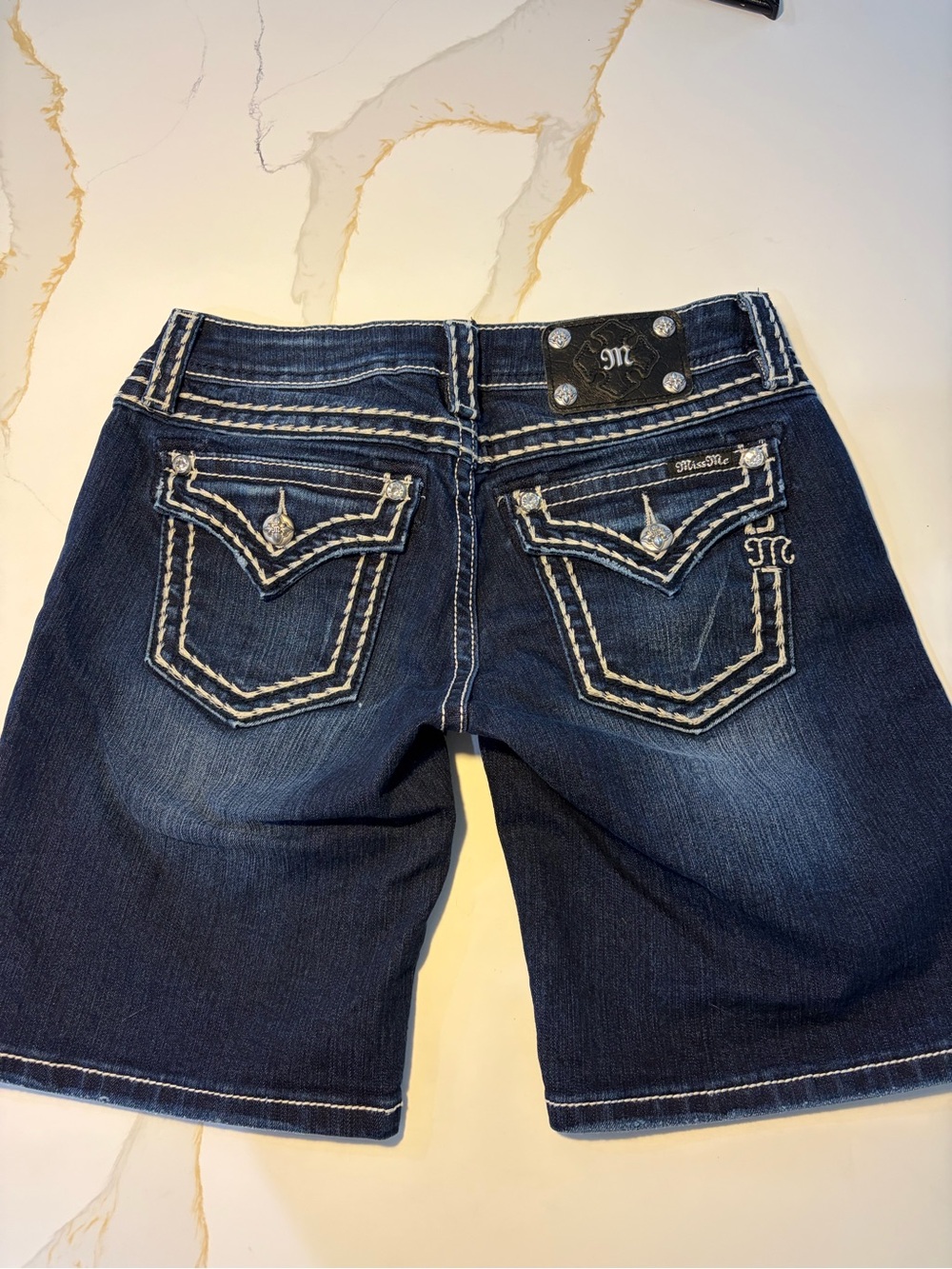 Miss Me Dark Blue Denim Bermuda Shorts with White Contrast Stitching - Picture 4 of 9